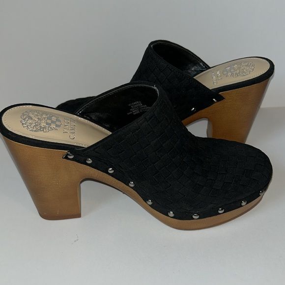 Vince Camuto Cindel Women’s Size 8 1/2M/39 Black Woven Upper Faux Wooden Clogs - Picture 1 of 7